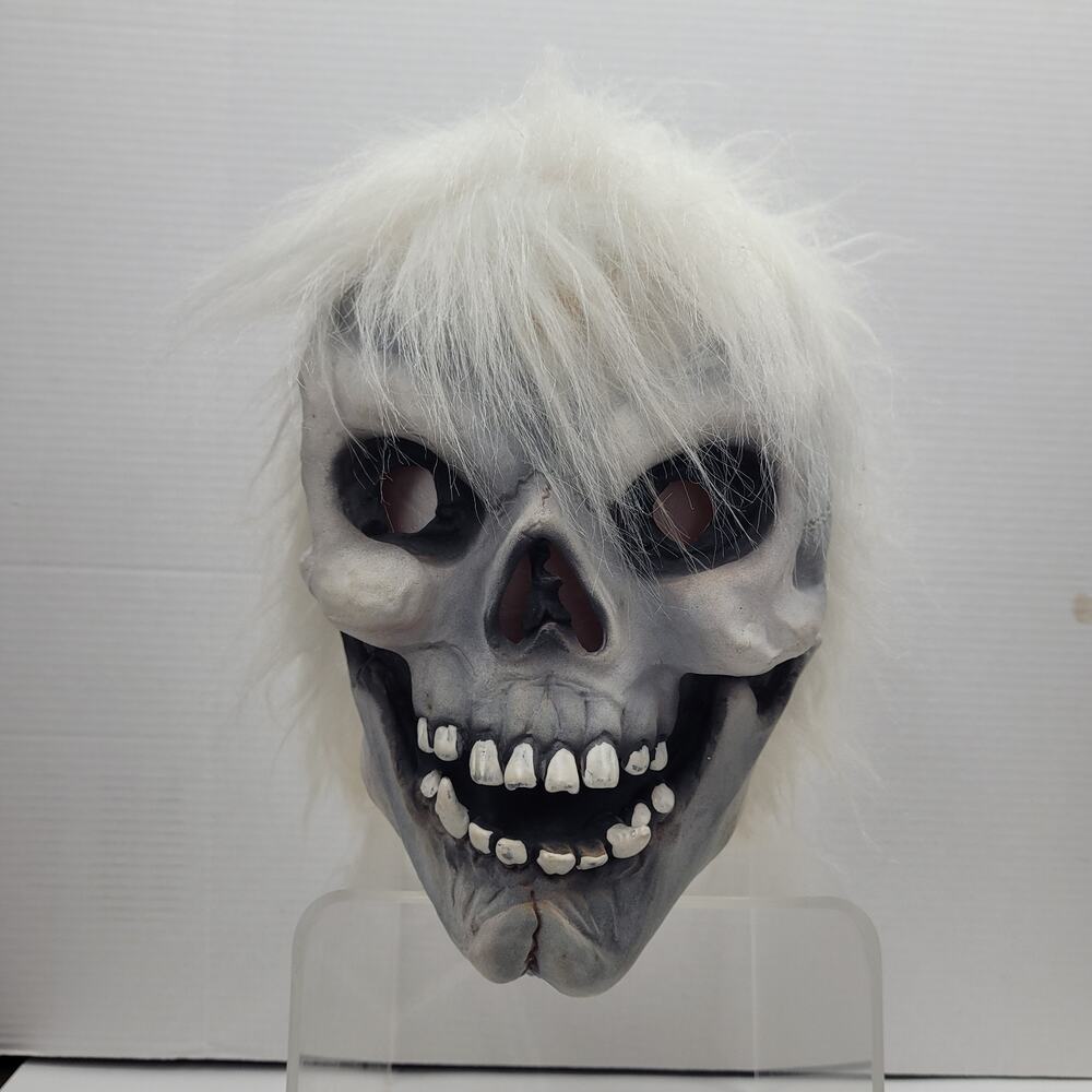 Vtg Skeleton Skull Rubber Mask White Hair Full Head Halloween Scary Horror
